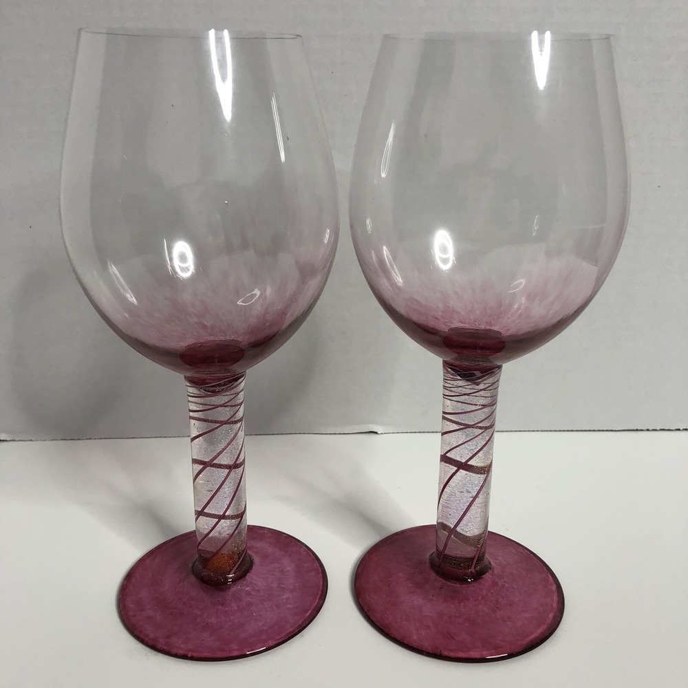 Glass Eye Studio Wine Glasses Goblets Pink Glitter Swirl Design Seattle Set of 2